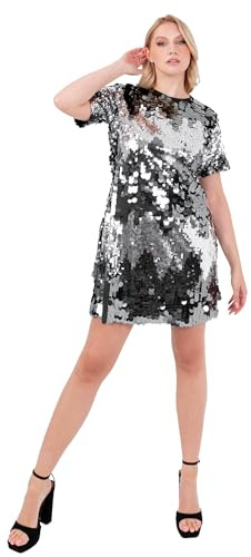 Lovedrobe Women's T-Shirt Dress Ladies Mini Round Neck Short Sleeve Disc Sequin Embellished Ombre Shift Swing Party Cocktail, Gris 40
