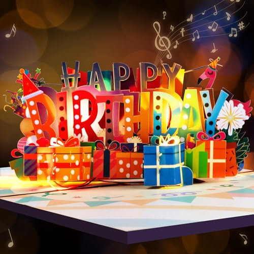 GREETING ART Happy Birthday Karte,Geburtstagskarte mit Musik und Licht, Flamingo Geburtstagskarte,3D Pop Up Karte Geburtstag,Geburtstagsgeschenk für Frau Männer Freundin
