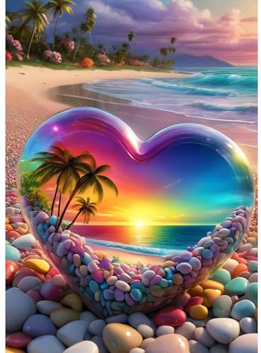 MAXBYE DIY Crystal Love Heart Stone Diamond Painting Kit, Beach Landscape Diamond Art Kits Adults, 5D Full Drill Diamond Dots Paintings, Diamond Art Crafts Canvas Painting Home Wall Decor 12x16 Inch
