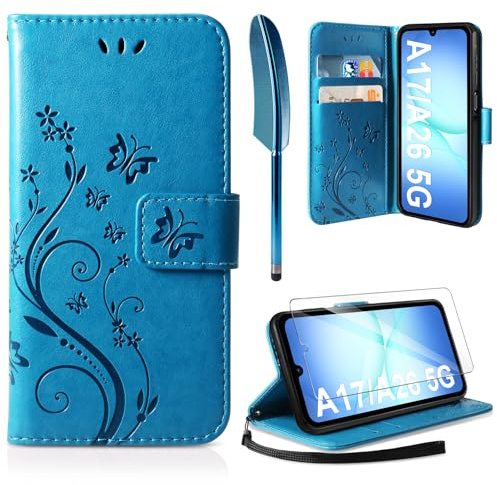 AROYI Läderfodral kompatibelt med Samsung Galaxy A17 5G/A26 5G, fodral och skyddsfilm, flip plånbok, mobiltelefonfodral PU-läderfodral skyddsfodral kompatibelt med Samsung Galaxy A17 5G/A26 5G blå