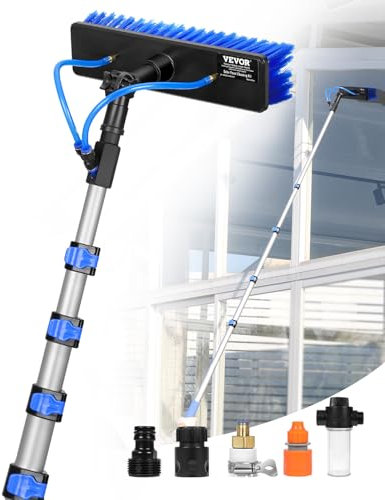 VEVOR Kit Palo Alimentato ad Acqua, Palo per Pulizia dei Pannelli Solari 7,3 m con Manico Estensibile, Testina della Spazzola Girevole a 180° Tubo Flessibile 20 m, per Ponte Pannello Solare Roulotte