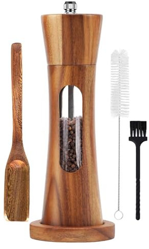 Auciej Pfeffermühle Holz Salzmühle Manuelle Gewürzmühle Salz und Pfeffer Mühle mit untersetzer Verstellbarem Keramikmahlwerk für Gewürze Pfeffer Salz 20 cm