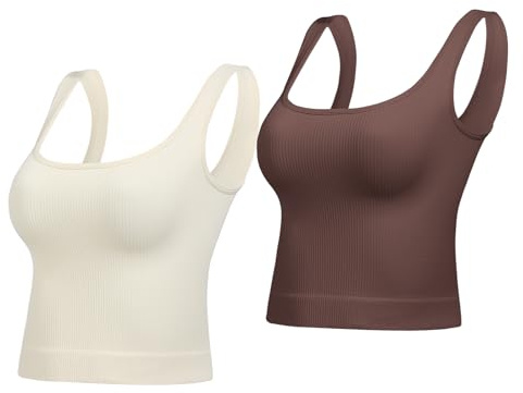 Lemef magtröjor för kvinnor grundläggande sömlös ribbad tank top fyrkantig hals sommar tonåringar topp söt träningstopp, Beige och kaffe, L