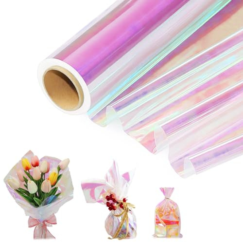 88CM x 15M Schillernd Cellophan Rolle, Irisierende Folie, Regenbogen Folie, Wasserdicht Geschenkfolie Transparent, Farbe Cellophanfolie, Geeignet für Hochzeiten Blumen Geschenkkörbe Snacks Weihnachten