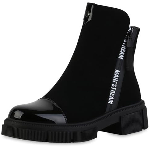 VAN HILL Damen Klassische Stiefeletten Blockabsatz Lack Trendy Schuhe 217628 Schwarz Lack 39