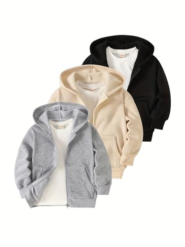 Fdqin Boy Zip Up Hoodies Color Casual Long Sleeve Hooded Sweatshirts 3 Pack Jackets with Pocket Multicolor 7-8Years