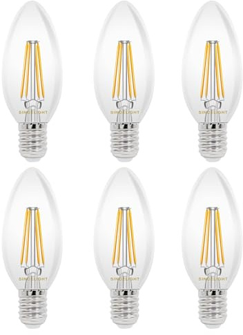 SINCELIGHT LED-Filamentlampe mit E14-Sockel, Retro-Stil, Kerzenähnliche Vintage-Glühbirne, 4W, 470lm (entspricht 40W), Warmweiß 2700K, SES Kleiner Edison-Schraubsockel, Dimmbar, 6 Stück