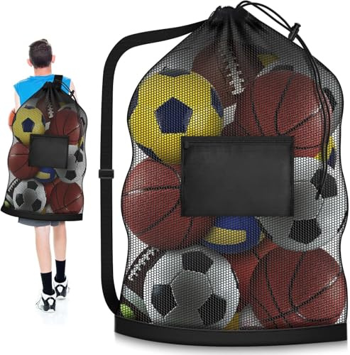Borsa a rete grande per palloni 102 x 76 cm – Sacco sportivo in rete con coulisse regolabile e tasca laterale – Borsa resistente per calcio, pallacanestro, pallavolo, rugby, nuoto e palestra – Hoiny