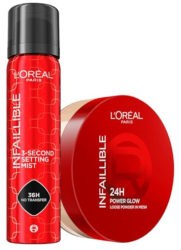 L'Oréal Paris Infaillible Cipria Power Glow 24H in Polvere Tonalità Universal Fissante Idratante a Lunga Durata + Spray Fissante per Trucco 3-Second Setting Mist 36H No Transfer Waterproof 75ml