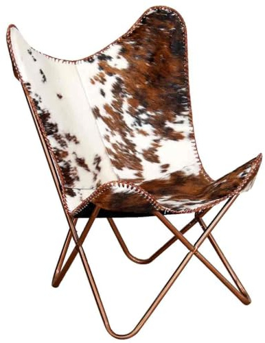 vidaXL Butterfly Sessel, Loungesessel mit Eisengestell, Relaxstuhl für Wohnzimmer, Schmetterling Stuhl, Vintage-Stil, Braun Weiß Echtes Kuhfell