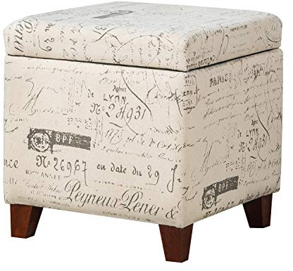 Adeco Fabric Script Pattern Cube Storage Footstool, Hinged Lid, Solid Wood Legs, 18 Height Ottomans & Storage Ottomans, Cream White