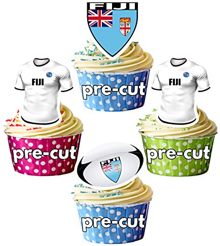 AK Giftshop PRECUT Rugby Shirt Ball Flag Team Fiji - Edible Cupcake Toppers/Cake Decorations (Pack of 12)