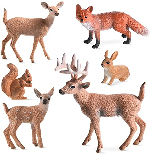 Skylety 6 Pieces Woodland Animals Figures Forest Creatures Figurines Squirrel Deer Rabbit Family Figurines Miniature Toys Cake Toppers Age 14+ for Birthday Party Baby Shower Christmas Party