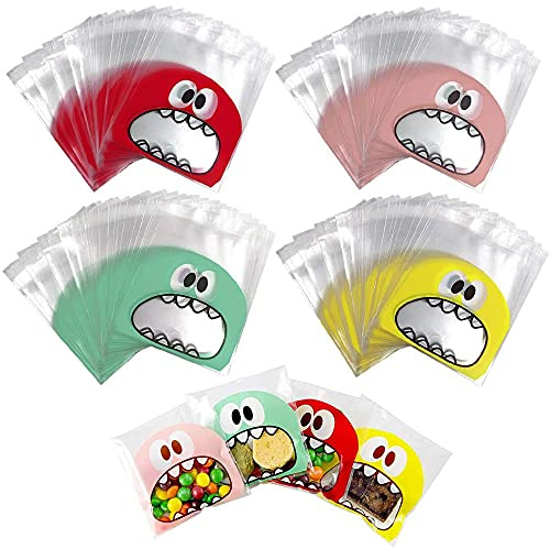 400 Pieces Candy Bags, Cute Cookie Bag, Self Adhesive Clear Cookie Bags, Self Adhesive Treat Bags, Cellophane Treat Bags, 4 Colors, Used to Pack Biscuits, Candy, Chocolate