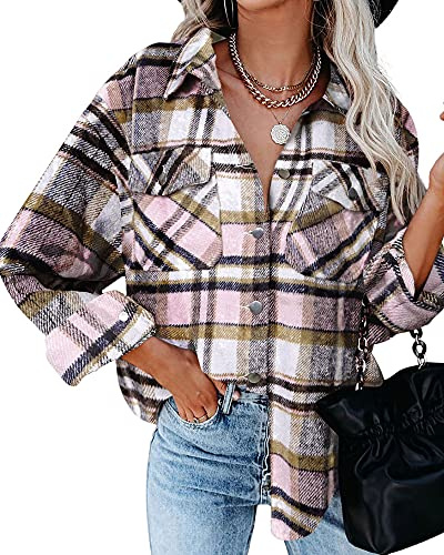 HVEPUO Camisa De Mujer Chaqueta A Cuadros Camisa Botones De Chaqueta Blusa De Manga Larga College Y2k Tops Chaqueta De Cuadros Abrigo Camisa De Franela Mujer Chaqueta De LeñAdor En El Pecho Rosa XXL