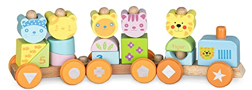 Navaris Trenino in Legno Trainabile - Locomotiva e Vagoni a Ruote Trainabili - Treno Giocattolo - Decorazione Cameretta Bambini +3 Anni - Multicolore