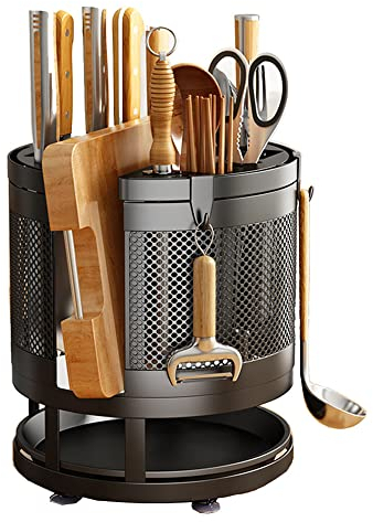 Universal Knife Block Without Knives, Rotating Knife Utensil Holder for Countertop Large Cooking Utensil Holder Cutlery Cutting Board Organiser with Tray (Black)