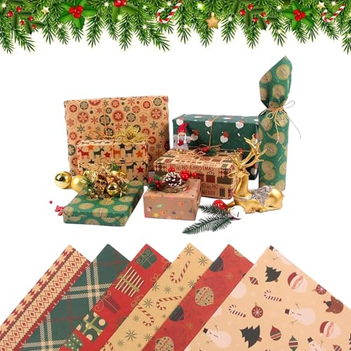 Papel de Regalo Navidad Kraft,70 x 50 cm Juego Clásico de Papel de Regalo Navideño,Papel de Rgalo Kraft Con Motivos Navideños,Para Navidad,Año Nuevo,Fiestas,6 PCS
