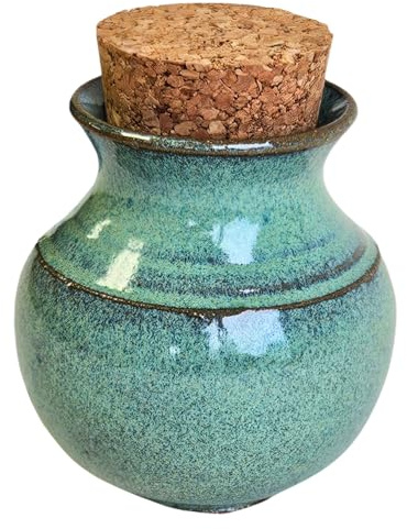 Dried Herb Spice Pot with Cork Jar for Natural Farmhouse Homestead Garden Handmade Pottery (Green)