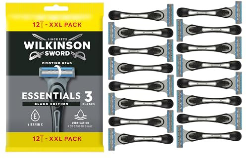 Wilkinson Sword - Essential 3 Black - Rasoio Usa & Getta - Rasoio a 3 Lame per Uomo - Testina Girevole - Striscia Lubrificante con Aloe - Confezione x12