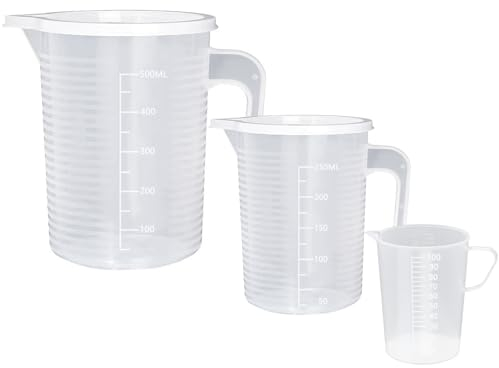 Hioph Lot de 3 verres à mesurer en plastique 100 ml, 300 ml, 500 ml avec poignée et couvercle pour la cuisine, la pâtisserie, la mesure résistante à la chaleur, ensemble de tasses à mesurer