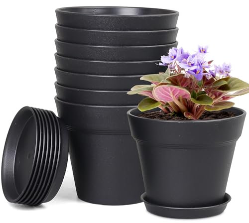 Homeuouz 8 Packs Blumentopf mit Untersetzer, 10cm Pflanzentopf, Plastik Übertopf mit Mehrere Ablauflöchern, Hydrokultur Topf, Blumentöpfe Set Ideal für Innen und Balkongärten,Schwarz