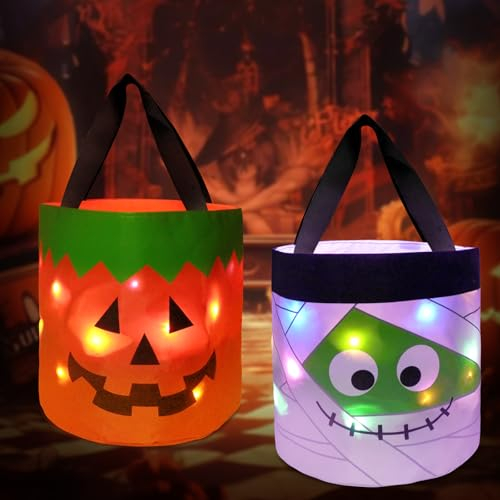 Homgaty 2PZ Secchio per caramelle a LED, Luminoso, per Halloween, per Dolci o Aspro, Halloween, Zucca, Caramelle per Bambini, Sacchetto Regalo per Halloween