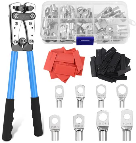 Crimpadora de cables de 16 mm2, terminales de cable, alicates 10 – 1/0, terminales de cable de 16 mm2, crimpadora 6/10/16/25/35/50 Mm², con 120 terminales de anillo de cobre