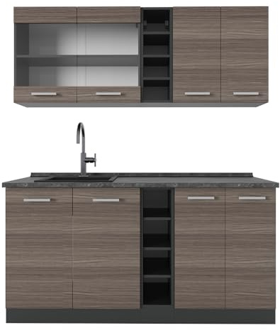 Vicco Singleküche R-Line, Edelgrau/Anthrazit, 160 cm, AP Anthrazit, zur individuellen Erweiterung mit zusätzlichen Modulen geeignet