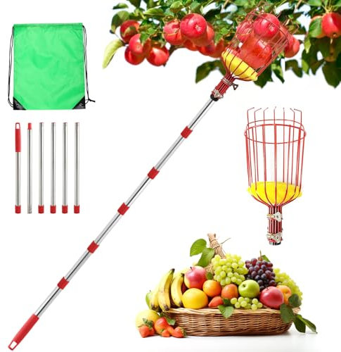 seOSTO Recoge Frutas Telescopico 2.6m, Palo Extensible Acero Inoxidable, Cesta de Alambre con Espuma Protectora, Recogedor para Manzanas, Naranjas, Cítricos, Recoger Frutas de Árboles Altos