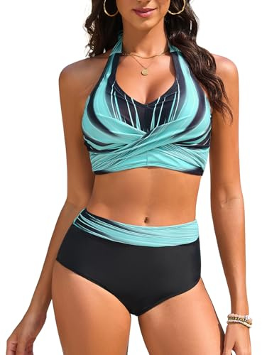 Nadeer Bikini för kvinnor set om mage way baddräkt tvådelad hög midja badmode sexig v-ringad nackhållare push up stora bröst blommönster baddräkt, blå, S