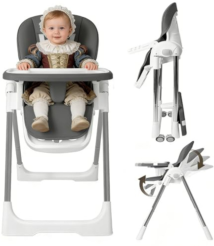 Chaise haute bébé pliante 4en1, 4 Positions d'Inclinaison, Hauteur réglable, Chaise haute enfant avec plateau amovible et roulettes, évolutive avec ceinture à 5 points, Gris