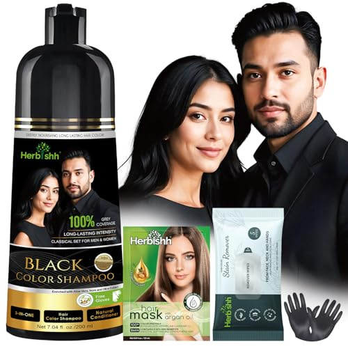 Herbishh Black Hair Dye Shampoo 200ml + Hair Color Stain Remover Wipes – Grey Coverage & Mess-Free Cleanup