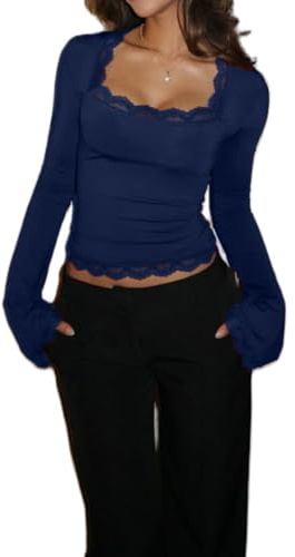 Camiseta básica de manga larga con ribete de encaje para mujer, cuello cuadrado, estilo Y2K, manga acampanada, ajuste slim, blusa de capa base, azul, S