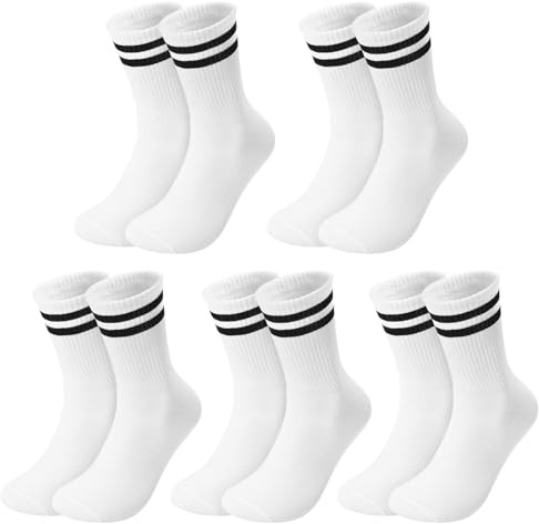 Kotashion 5 Pairs Mens Socks, Unisex Striped Crew Socks Sports 6-11 | Cotton Blend Moisture-Wicking Breathable Stretch Elastic Sports Socks for Running Hiking Training Casual Leisure