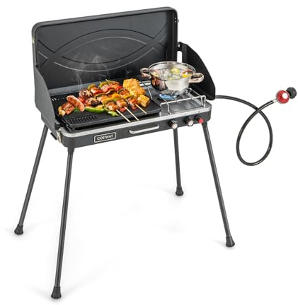 ARLIME Portable Gas Grill, 20000 BTU Camping Stove Burner with 2 Cooking Area, Independent Temperature Control, 3-Sided Wind Guard, Propane Grill for Patio BBQ, Tailgating Party (Black)