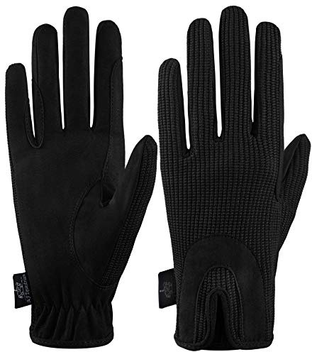 All Day Horse Riding Gloves Ladies Dublin Track Fabric Gloves Leather Equestrian (Black, S)