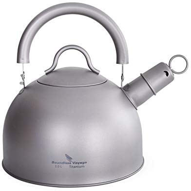iBasingo 2L Camping Kettle Titanium Whistling Kettle Ultralight Water Jug Outdoor Big Capacity Stovetop Teapot with Folding Handle and Warning Buzzer Home Kitchen Water Boiler Ti3097D