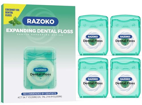 RAZOKO Zahnseide mit Kokosöl - Expandierende Zahnseide für Große Zahnzwischenräume (4 x 50m, Pfefferminz)