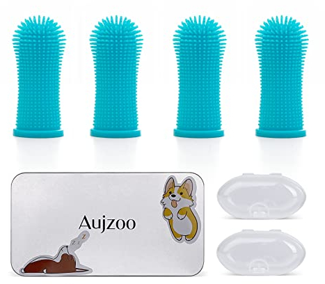 Aujzoo Hundezahnbürste, 360º Pets Zähne Reinigung Zahnbürste für Hunde Katzen Zahnpflege, Silikon Finger Zahnbürsten Set von 4