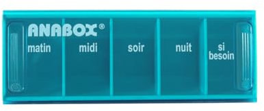 Anabox - Portapillole giornaliero a 5 scomparti - Organizzatore di medicinali giornaliero Turchese - Caselle Mattina Midi Serata Notte + Emergenza - Sistema sicuro - Lavabile in lavastoviglie