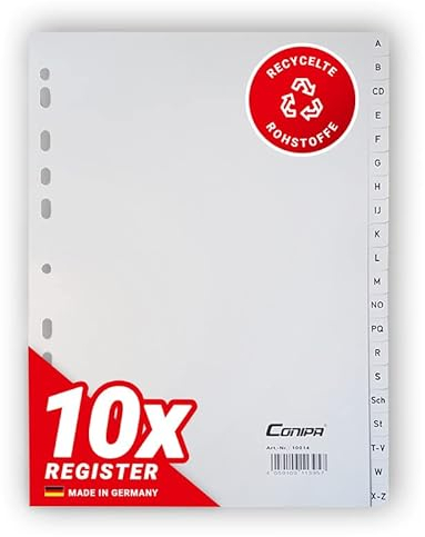 Conipa® - 10er Set A-Z Register für Ordner DIN A4 alphabetisch (MADE IN GERMANY) - Ordner-Register & Trennblätter aus PP mit Buchstaben (Alphabet) - Trennregister für Akten, Ringbücher & Hefter (Grau)