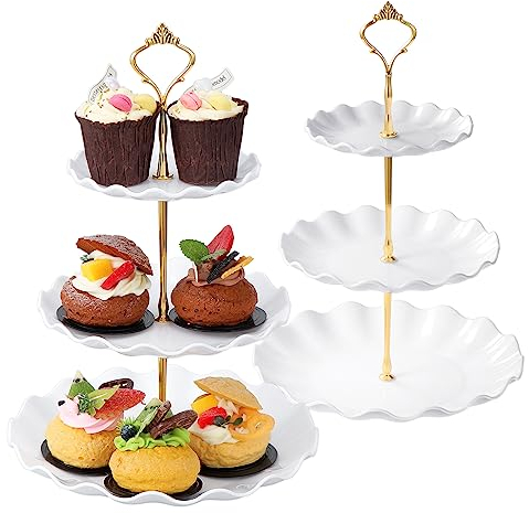 TsunNee 2 soportes para tartas de 3 niveles, para cupcakes, platos de postre, pasteles, frutas, galletas, caramelos, bandeja de servir escalonada, bandeja de servir para boda, cumpleaños, baby shower