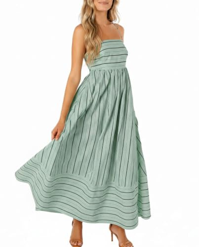 chouyatou Women's Striped Back Smocked Maxi Dress Sexy Spaghetti Strap Cut Out Flowy Swing Long Dress (Medium, Green)