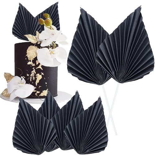 Gyufise 6Pcs Paper Palm Fan Cake Toppers Palm Spear Leaves Fan Cupcake Toppers Cake Insert Decorations Craft DIY Cake Bakeware Decoration for Birthday Party Wedding Party Decor Supplies Black
