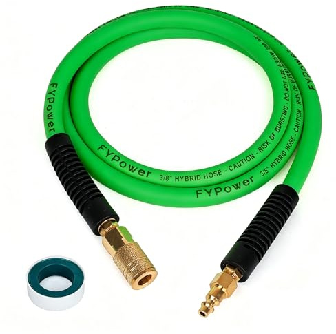FYPower Air Compressor Whip Hose 3/8 Inch x 6 Feet Lead in Hybrid Hose with Fittings, Flexible and Kink Resistant, 1/4 Industrial Quick Coupler and Plug Kit - Green