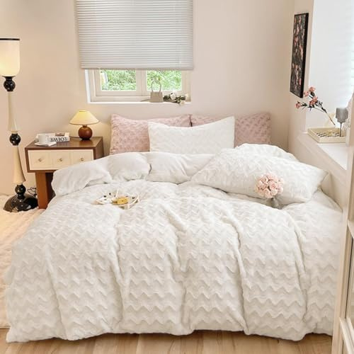 Freyamy Peluche Housse de Couette 140x200cm Beige Ondulée Hiver Chaude Duveteuse Parure de lit 1 Personne Shaggy Faux Fur avec Fermeture Éclair Flanelle Linge de lit avec 1 Taie d'oreiller 65 x 65cm