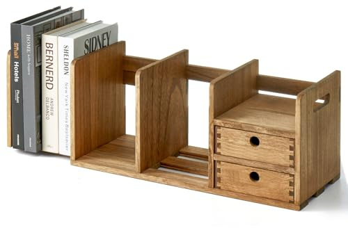 KIRIGEN Organisateur de Bureau en Bois – Étagère Réglable et Extensible avec Tiroir – Rangement de Bureau Polyvalent pour Dossiers, Livres et Accessoires Couleur Brun