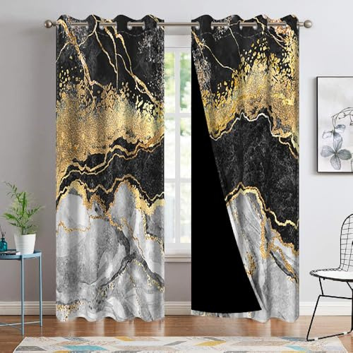 DORCEV Blackout Curtains Black Grey Gold Marble Window Drapes Fluid Gold Foil Gothic Window Curtains Modern Abstract Art Window Treatments for Youth Living Room Bedroom Kitchen,26x84 inch,2 Panels