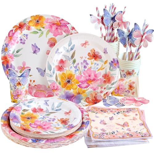 SUNBEAUTY 80pcs Wildflower Party Tableware Set (16 Guests) Flower Paper Plates Cups and Napkins Spring Floral Party Supplies Flower Birthday Decoration Table Decor for Girls Spring Tea Party Decor